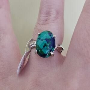 Boutique Boho Style Faux Green Stone in Silver-Tone Mixed Metal Ring Size 7.5